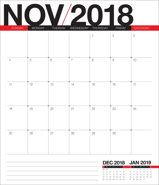 Novembre 2018 calendario dei pianificatori illustrazione vettoriale — Vettoriale Stock