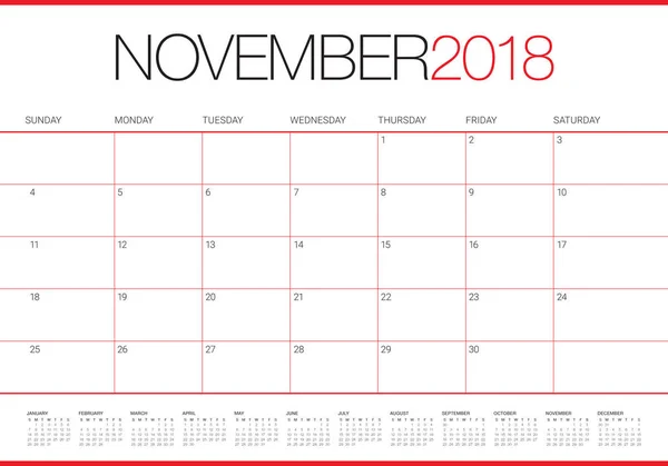 November 2018 tervező naptár vektoros illusztráció — Stock Vector
