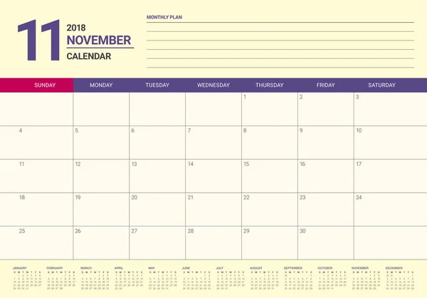 Листопад 2018 календар планування Векторні ілюстрації — стоковий вектор