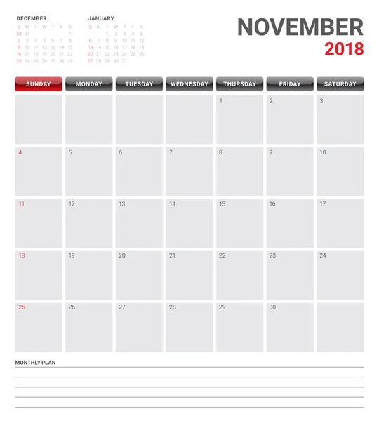 Novembre 2018 planificateur calendrier vectoriel illustration — Image vectorielle