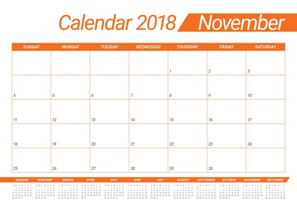 Noviembre 2018 planificador calendario vector ilustración — Archivo Imágenes Vectoriales