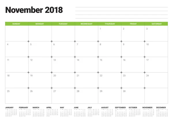Векторная иллюстрация календаря планировщика ноября 2018 года — стоковый вектор