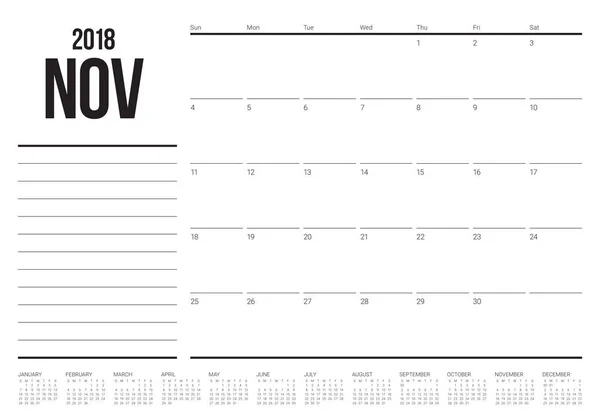 Ilustracja wektorowa listopada 2018 planner kalendarz — Wektor stockowy