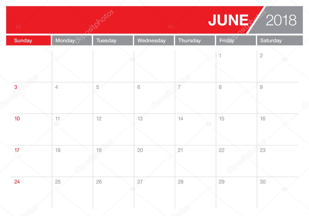 June 2018 calendar planner vector illustration