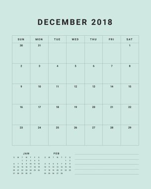 Aralık 2018 Resepsiyon takvim vektör çizim