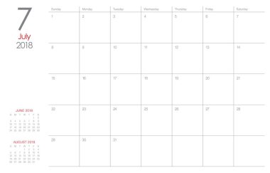 Temmuz 2018 takvim planlayıcısı vektör çizim