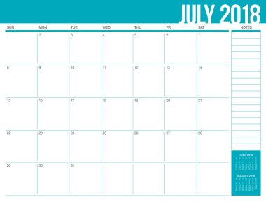 Temmuz 2018 takvim planlayıcısı vektör çizim