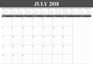 Temmuz 2018 takvim planlayıcısı vektör çizim