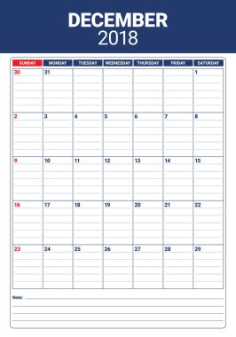 Aralık 2018 planlayıcısı takvim vektör çizim
