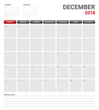 Aralık 2018 planlayıcısı takvim vektör çizim