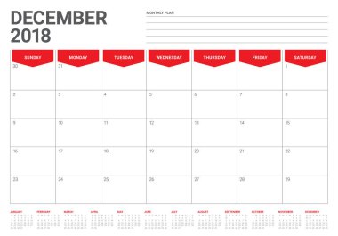 Aralık 2018 planlayıcısı takvim vektör çizim