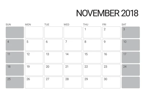 Векторная иллюстрация календаря ноября 2018 года — стоковый вектор