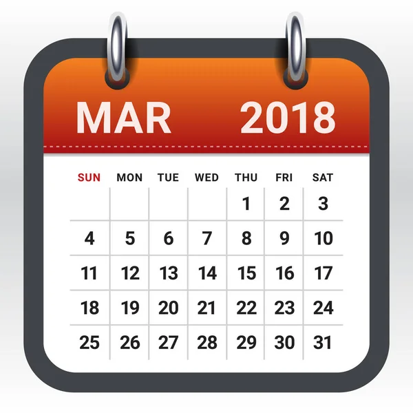 Ilustração vetor calendário março 2018 — Vetor de Stock