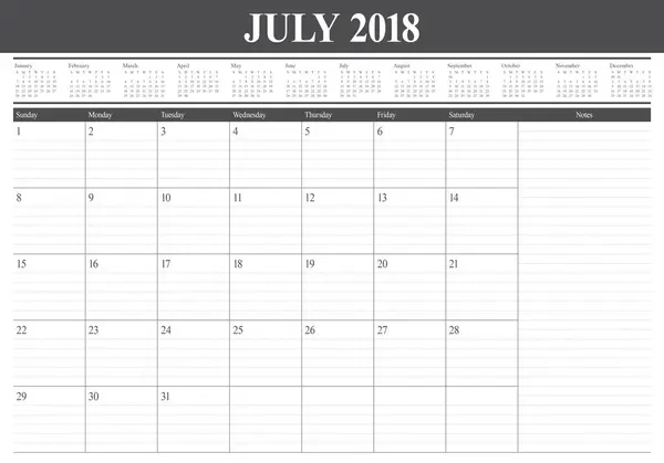 Július 2018 naptár tervező vektoros illusztráció — Stock Vector