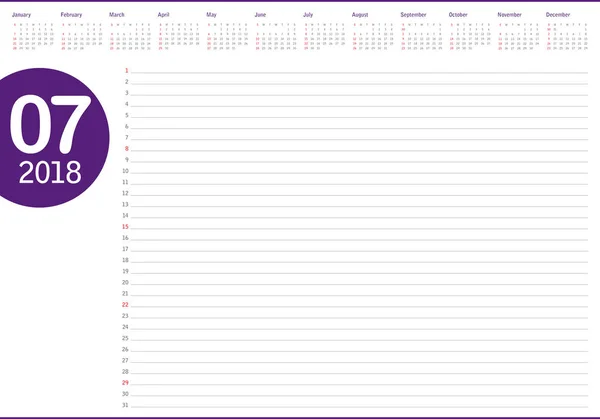 Липень 2018 планування календаря Векторні ілюстрації — стоковий вектор