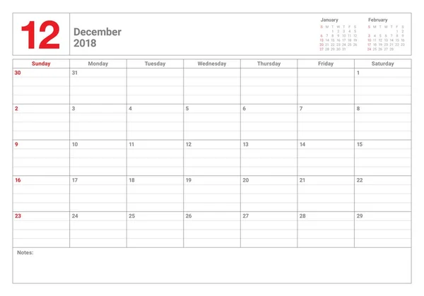 Ilustracja wektorowa grudnia 2018 planner kalendarz — Wektor stockowy