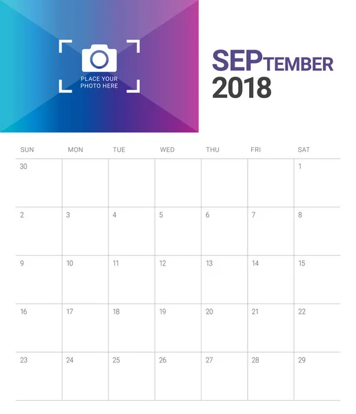 Векторная иллюстрация календаря сентября 2018 года — стоковый вектор