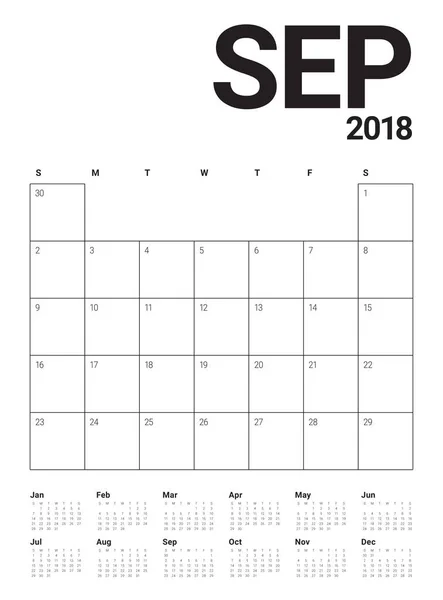 Settembre 2018 calendario dei pianificatori illustrazione vettoriale — Vettoriale Stock