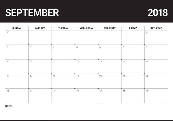 Septiembre 2018 planificador calendario vector ilustración — Archivo Imágenes Vectoriales
