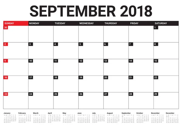 Векторная иллюстрация календаря сентября 2018 года — стоковый вектор
