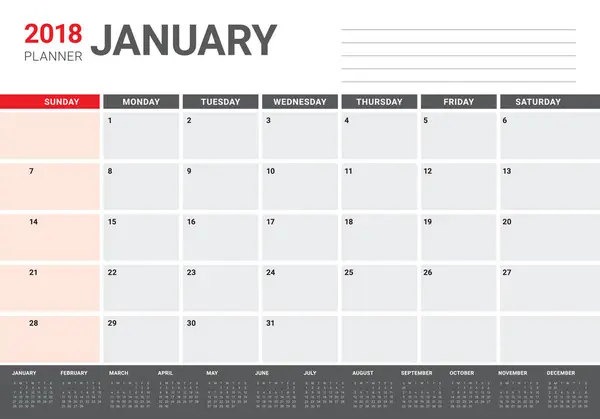 Enero 2018 calendario planificador vector ilustración — Vector de stock