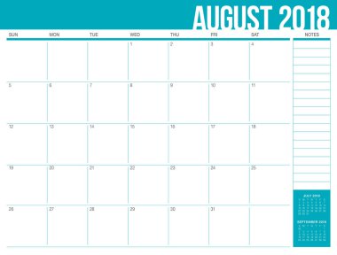 Ağustos 2018 planlayıcısı takvim vektör çizim