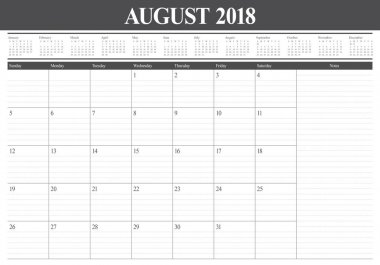 Ağustos 2018 planlayıcısı takvim vektör çizim