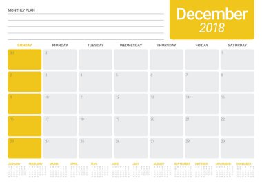 Aralık 2018 planlayıcısı takvim vektör çizim