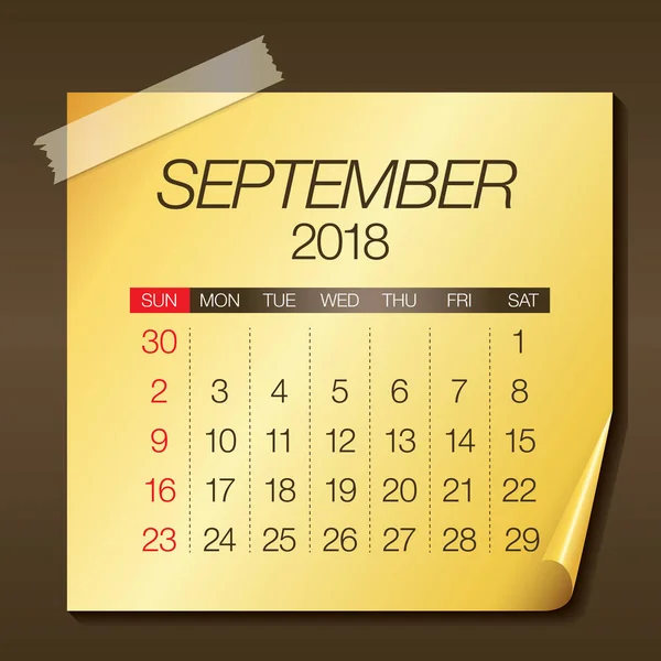 Septembre 2018 illustration vectorielle du calendrier — Image vectorielle