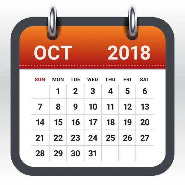 Ottobre 2018 calendario vettoriale illustrazione — Vettoriale Stock