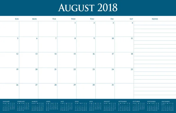 Agosto 2018 planificador calendario vector ilustración — Vector de stock