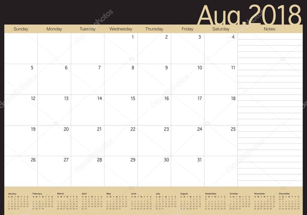 August 2018 planner calendar vector illustration