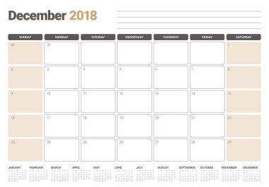 Aralık 2018 planlayıcısı takvim vektör çizim