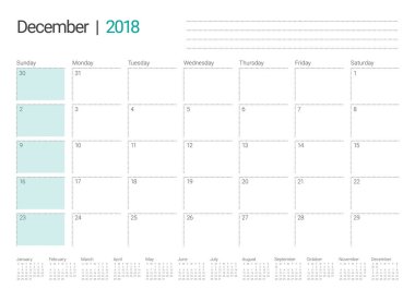 Aralık 2018 planlayıcısı takvim vektör çizim
