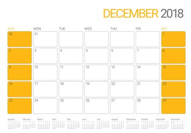 Aralık 2018 planlayıcısı takvim vektör çizim