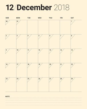 Aralık 2018 planlayıcısı takvim vektör çizim