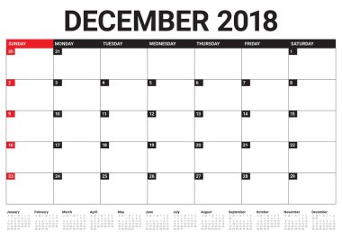 Aralık 2018 planlayıcısı takvim vektör çizim