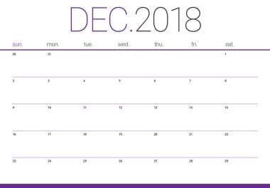 Aralık 2018 planlayıcısı takvim vektör çizim