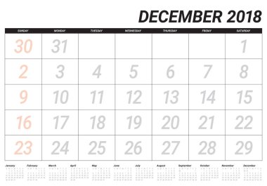 Aralık 2018 planlayıcısı takvim vektör çizim