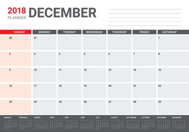 Aralık 2018 planlayıcısı takvim vektör çizim