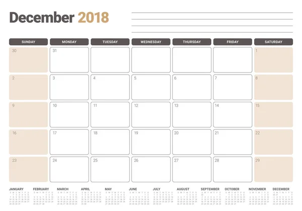 Dicembre 2018 calendario pianificatore illustrazione vettoriale — Vettoriale Stock