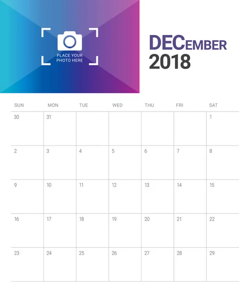 Diciembre 2018 planificador calendario vector ilustración — Vector de stock