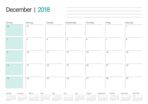 Dezember 2018 Planer Kalender Vektor Illustration — Stockvektor