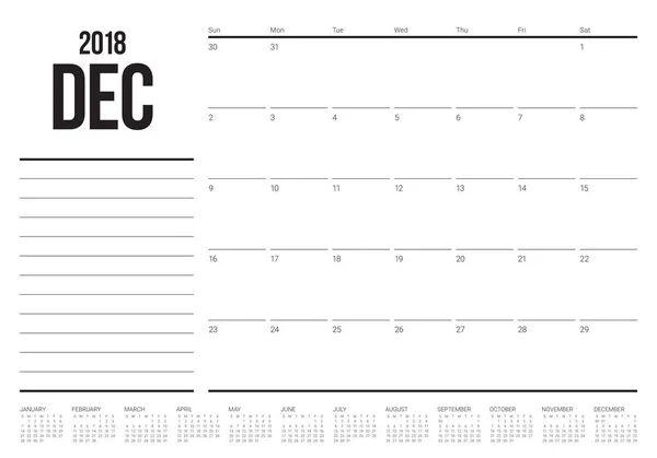 Dezember 2018 Planer Kalender Vektor Illustration — Stockvektor