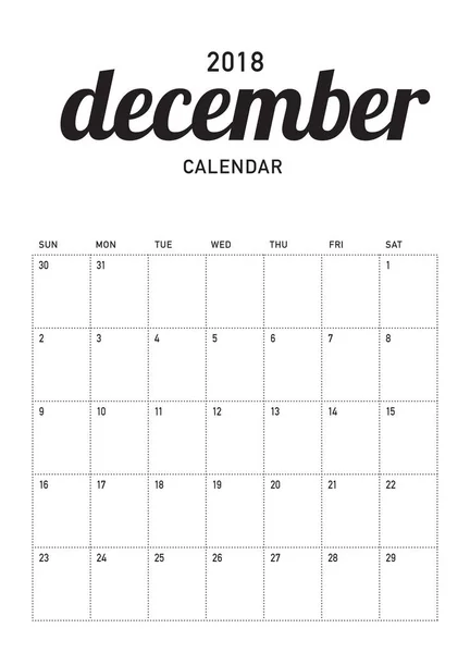 Diciembre 2018 planificador calendario vector ilustración — Vector de stock