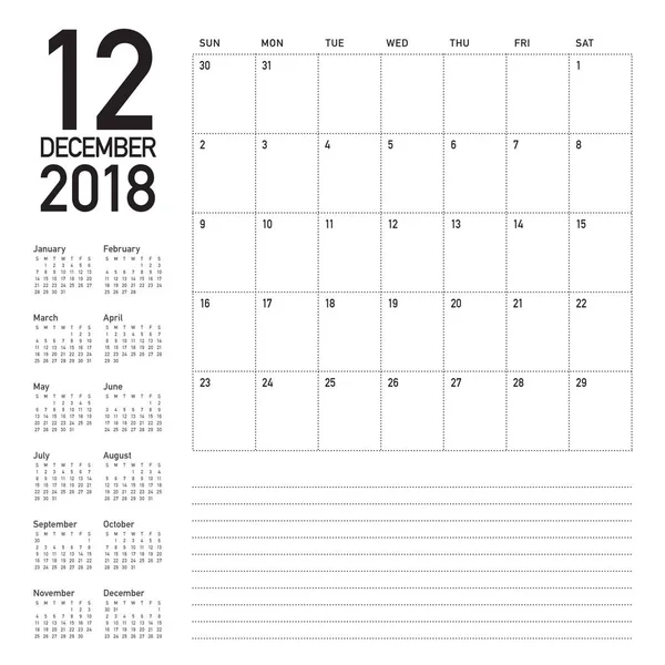 Dezember 2018 Planer Kalender Vektor Illustration — Stockvektor