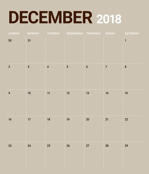 Diciembre 2018 planificador calendario vector ilustración — Vector de stock