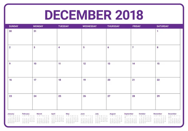 Calendrier planificateur décembre 2018 illustration vectorielle — Image vectorielle