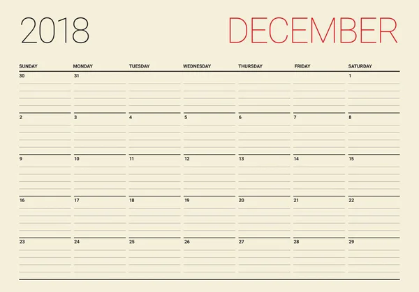 Calendrier planificateur décembre 2018 illustration vectorielle — Image vectorielle