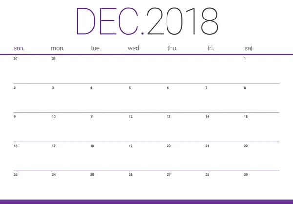 Dezember 2018 Planer Kalender Vektor Illustration — Stockvektor